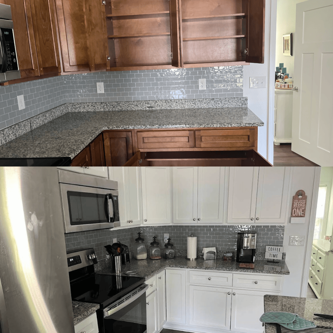 Kitchen cabinets refreshed with a light painted finish